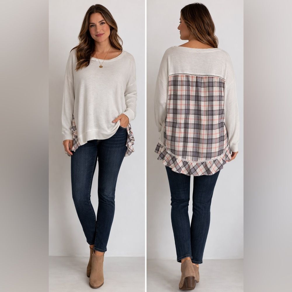 Boutique Mixed Media Striped Top XL Cotton Blend Cuffed Long Sleeve EUC